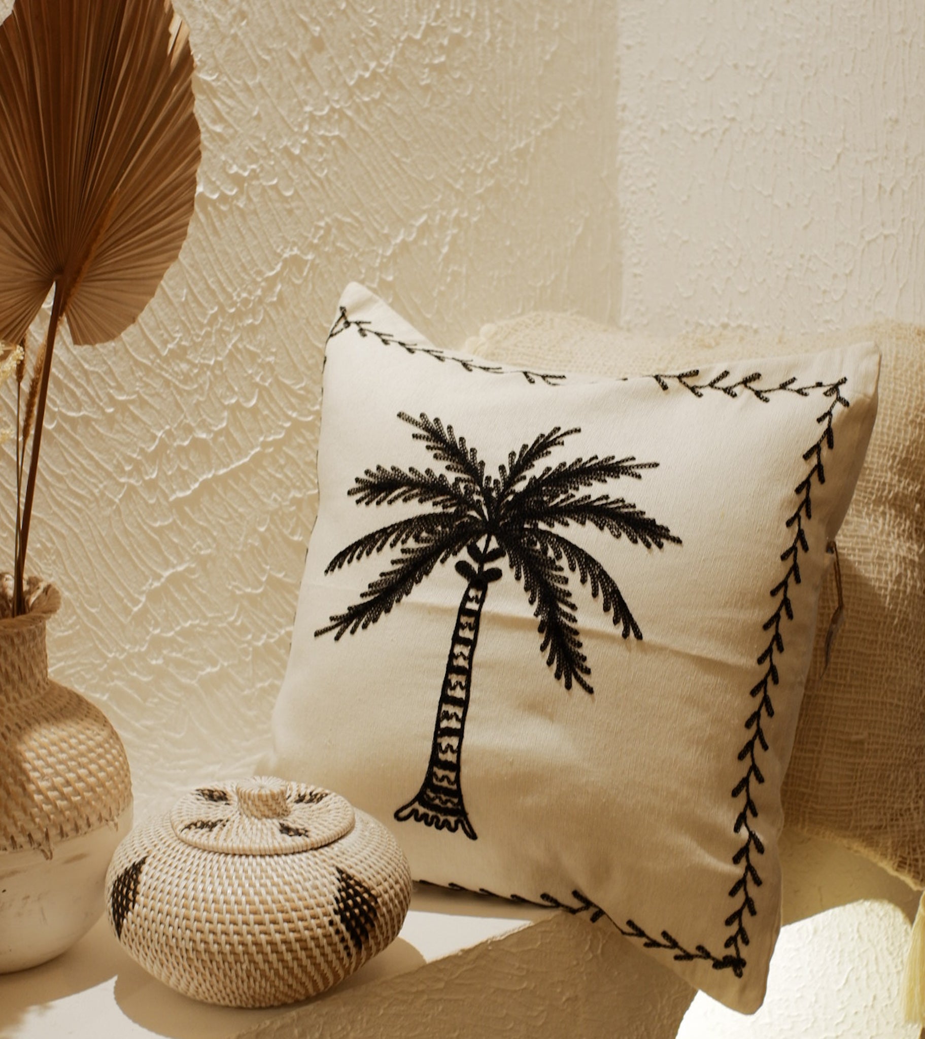 Black Palm Embroidered Cushion Cover 40 cm x 40 cm