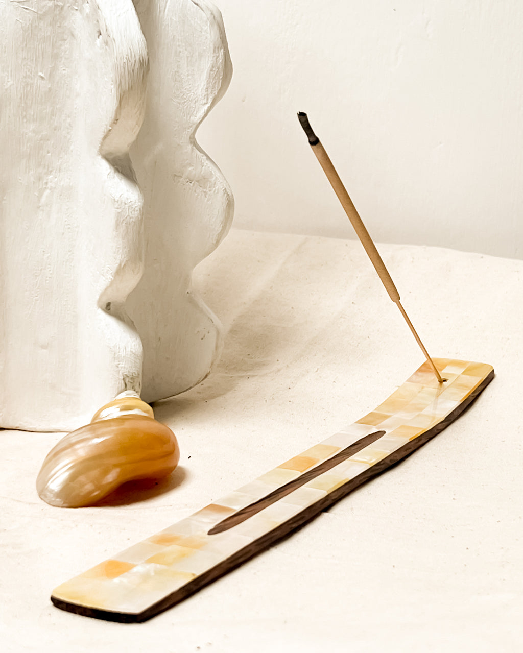 Cendana Palm Wood Incense Holder with Mother of Shells