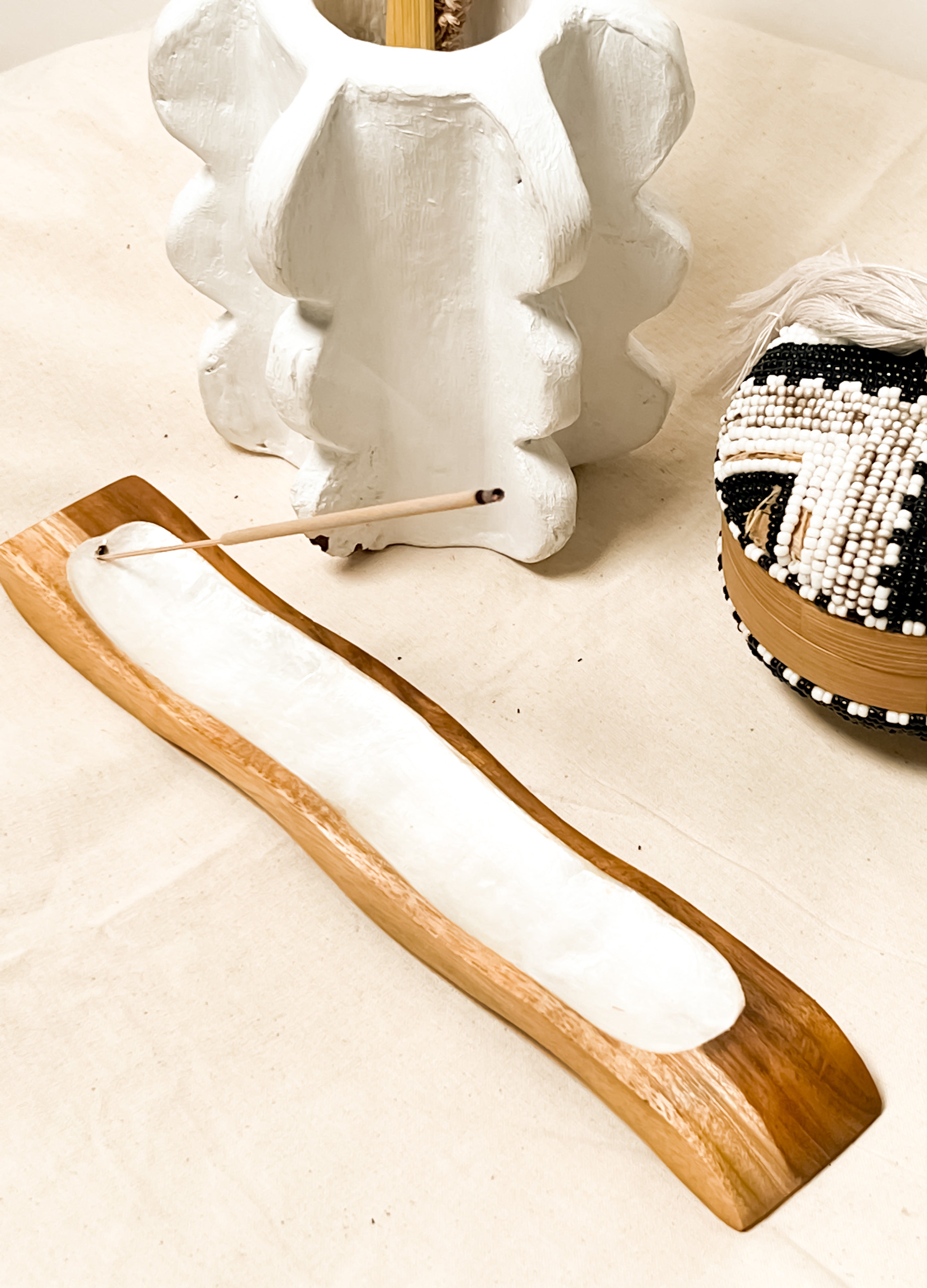 Wavy Wooden Teak Incense Holder with inlay Sea Shells