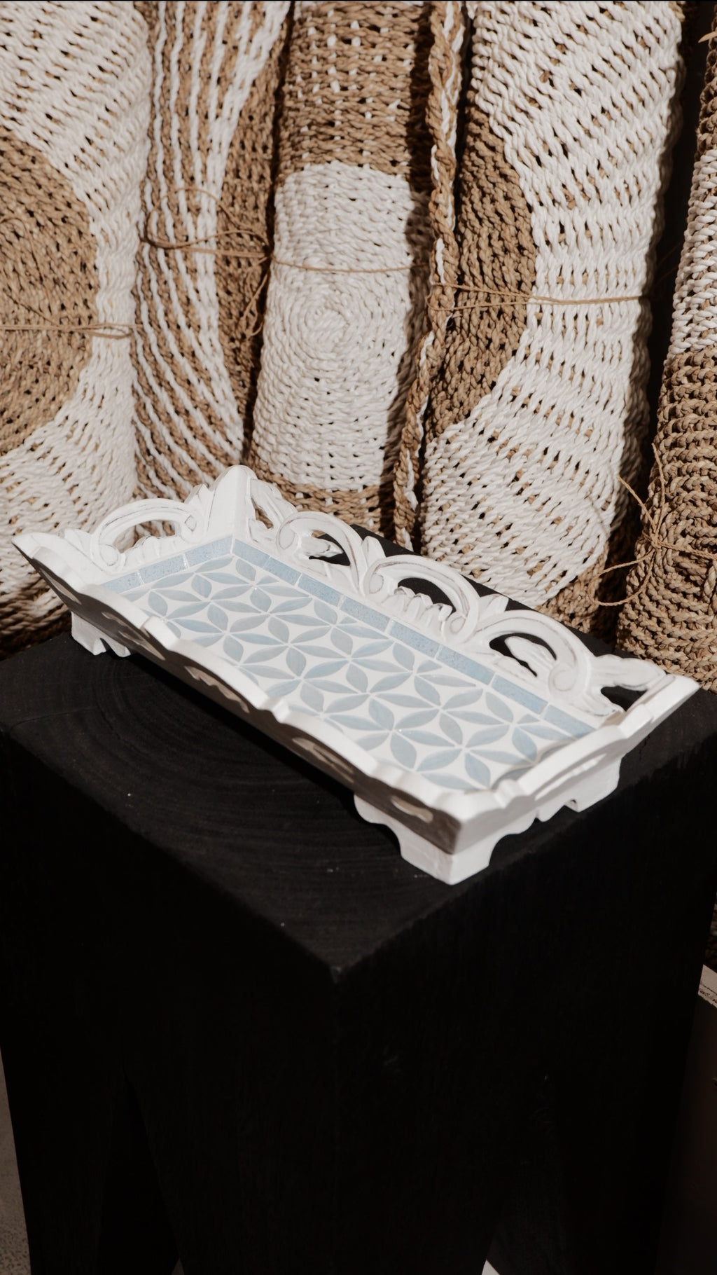 Decorative Wooden Serving Tray with Blue Floral Glass Pattern