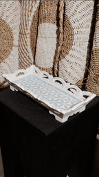 Decorative Wooden Serving Tray with Blue Floral Glass Pattern