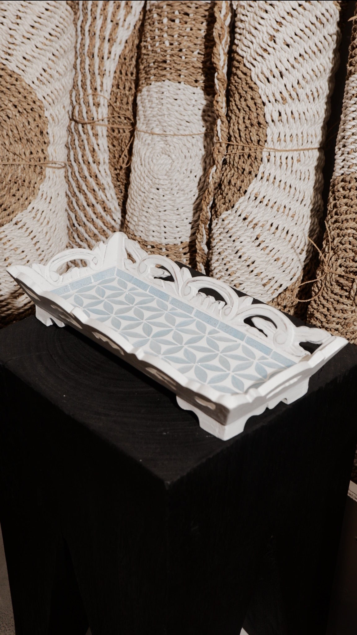 Decorative Wooden Serving Tray with Blue Floral Glass Pattern