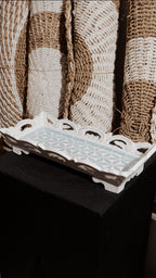 Decorative Wooden Serving Tray with Blue Floral Glass Pattern