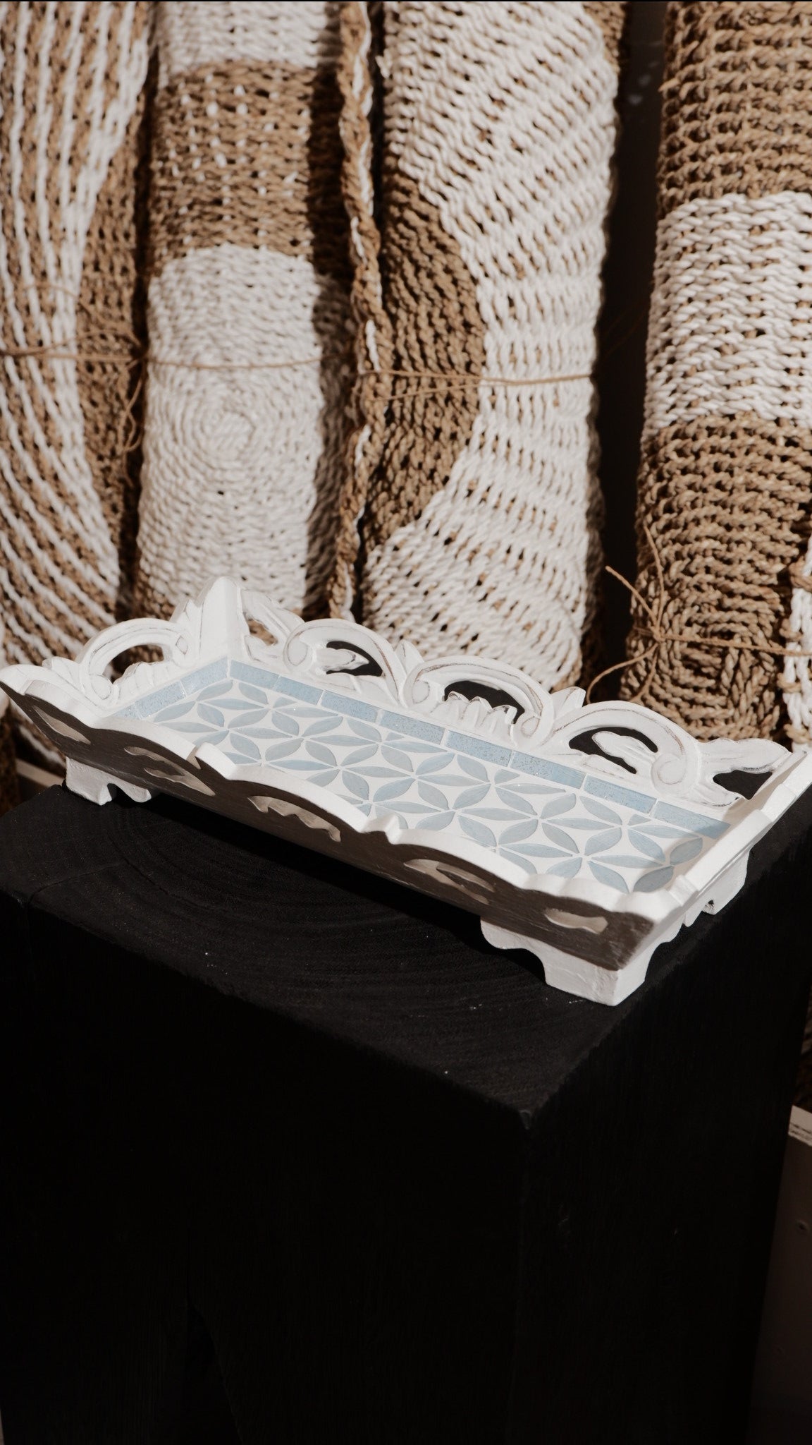 Decorative Wooden Serving Tray with Blue Floral Glass Pattern
