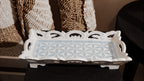 Decorative Wooden Serving Tray with Blue Floral Glass Pattern