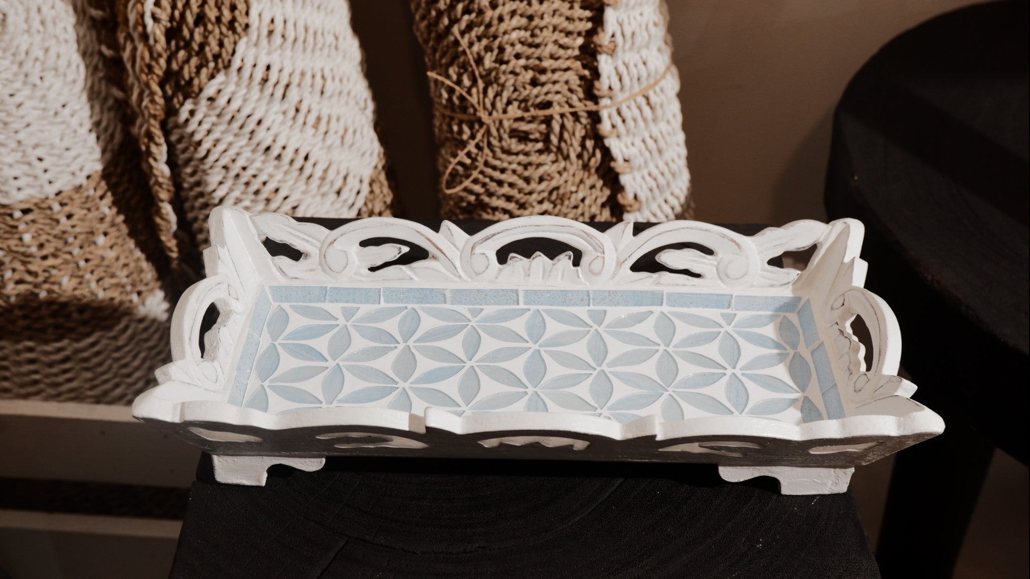Decorative Wooden Serving Tray with Blue Floral Glass Pattern