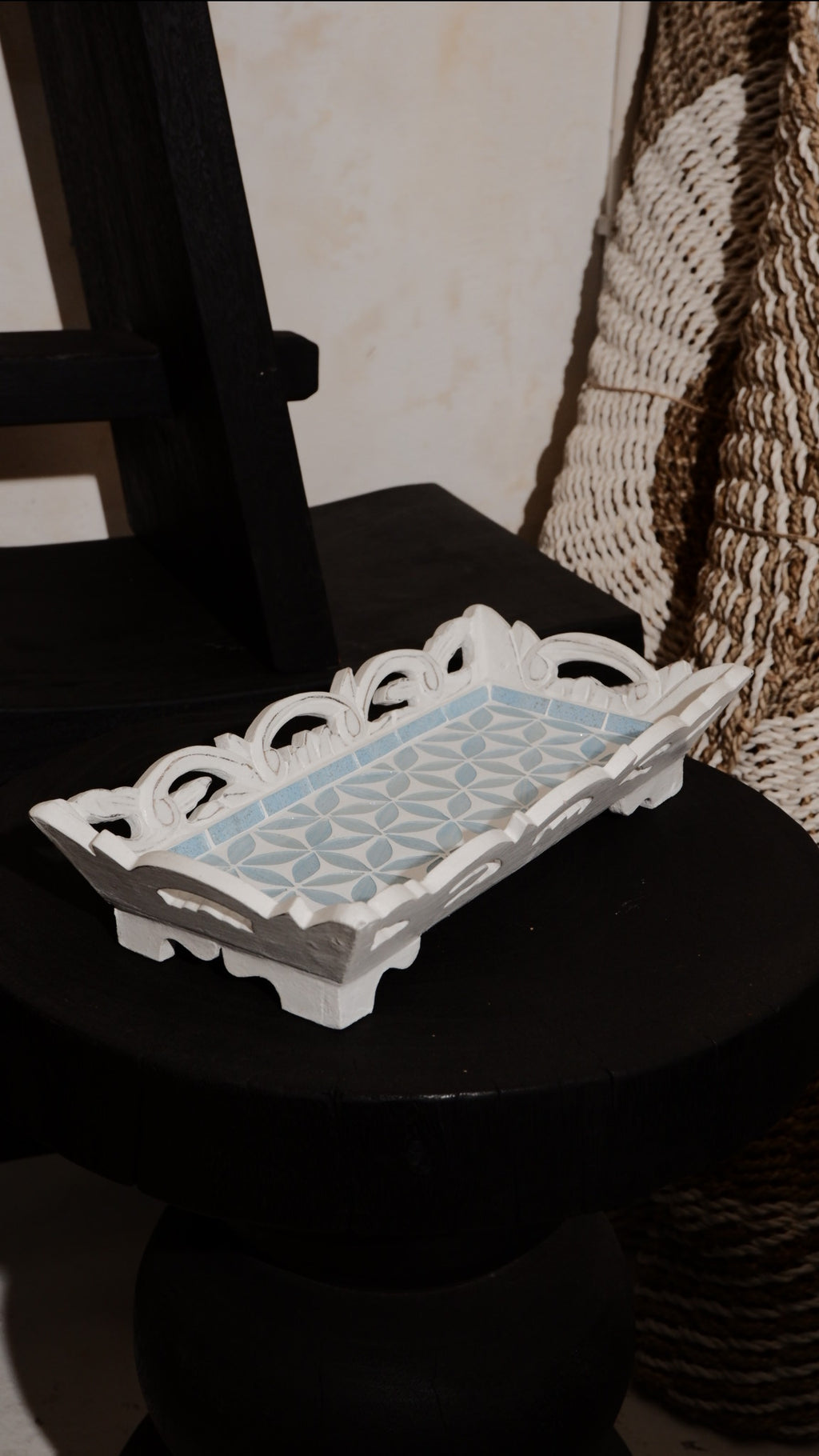 Decorative Wooden Serving Tray with Blue Floral Glass Pattern