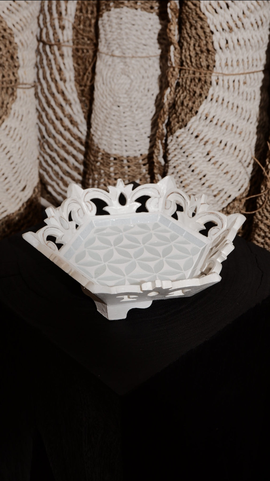 Hexa Decorative Wooden Tray with Floral Pattern Glass
