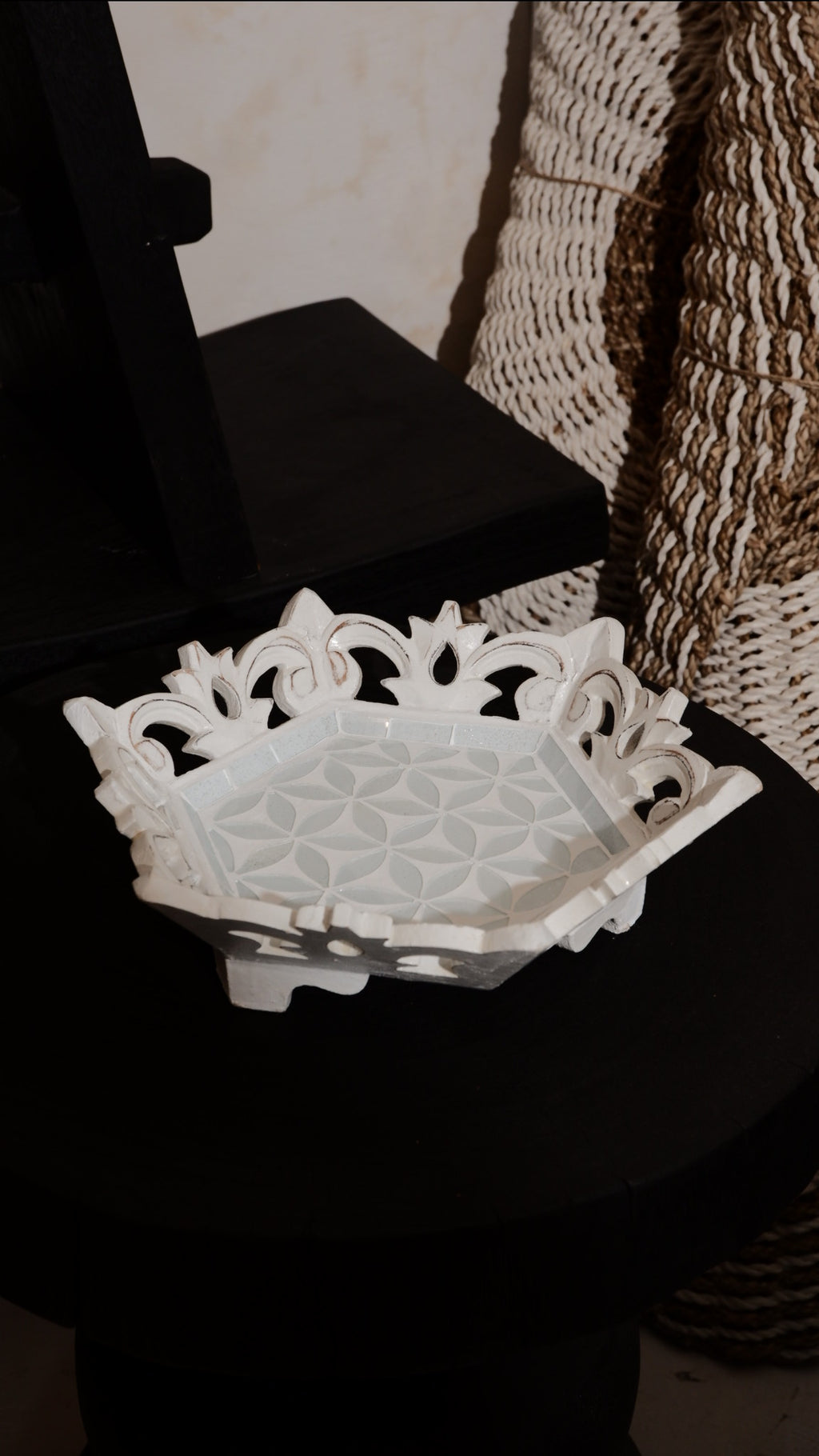 Hexa Decorative Wooden Tray with Floral Pattern Glass