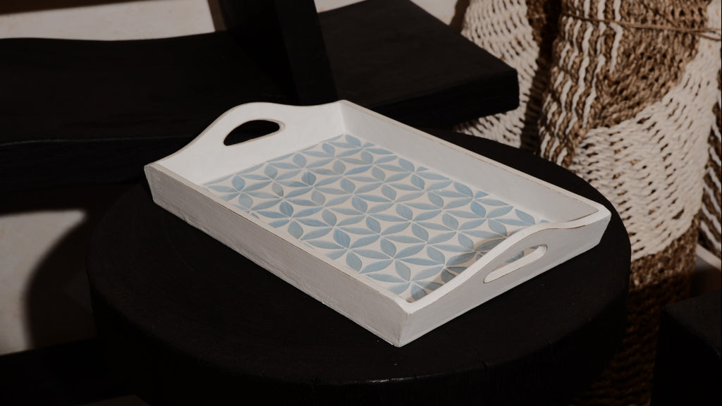 Kawung Blue White Floral Wooden Decorative Serving Tray with Handle