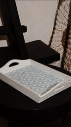 Kawung Blue White Floral Wooden Decorative Serving Tray with Handle