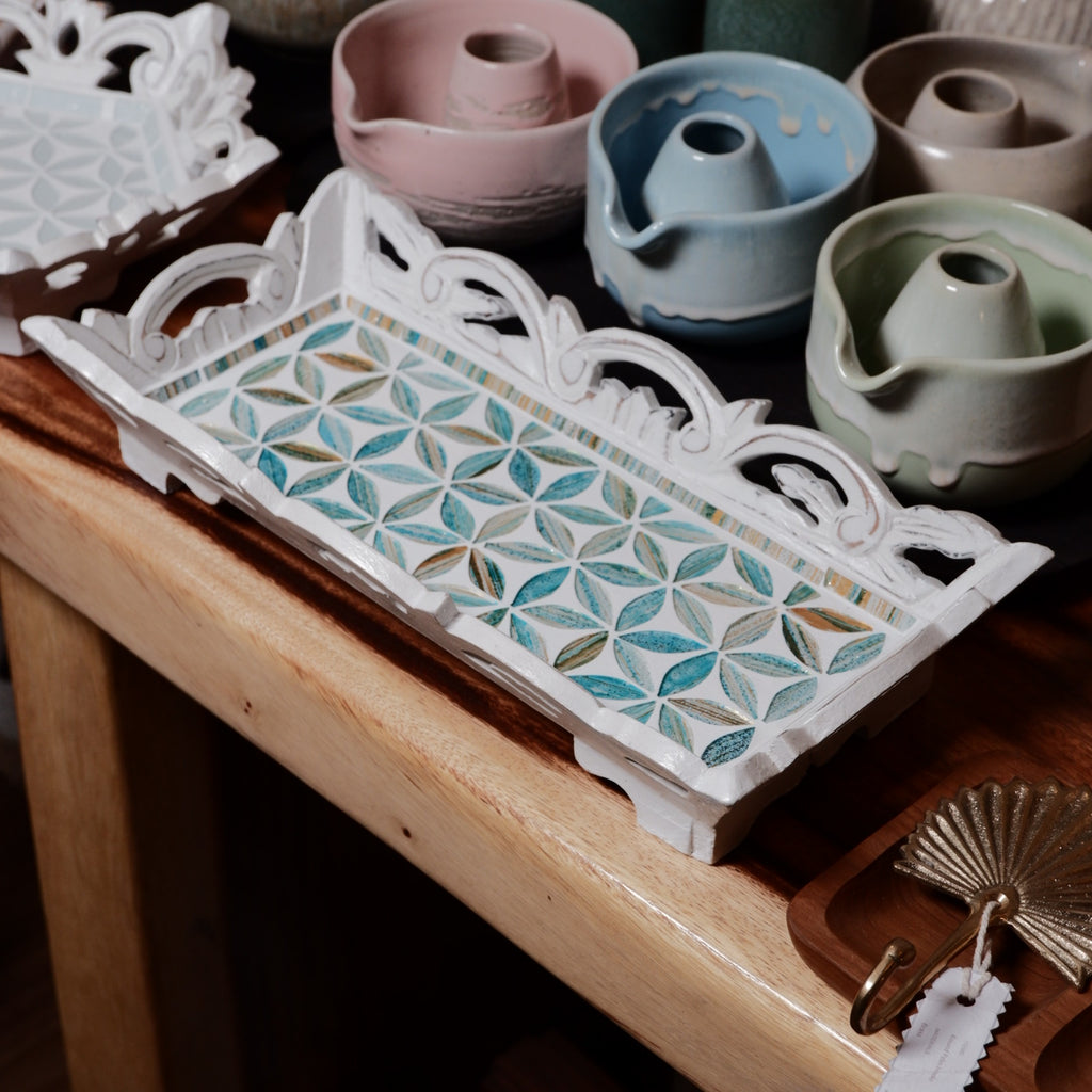 Decorative Wooden Serving Tray with Blue Floral Glass Pattern