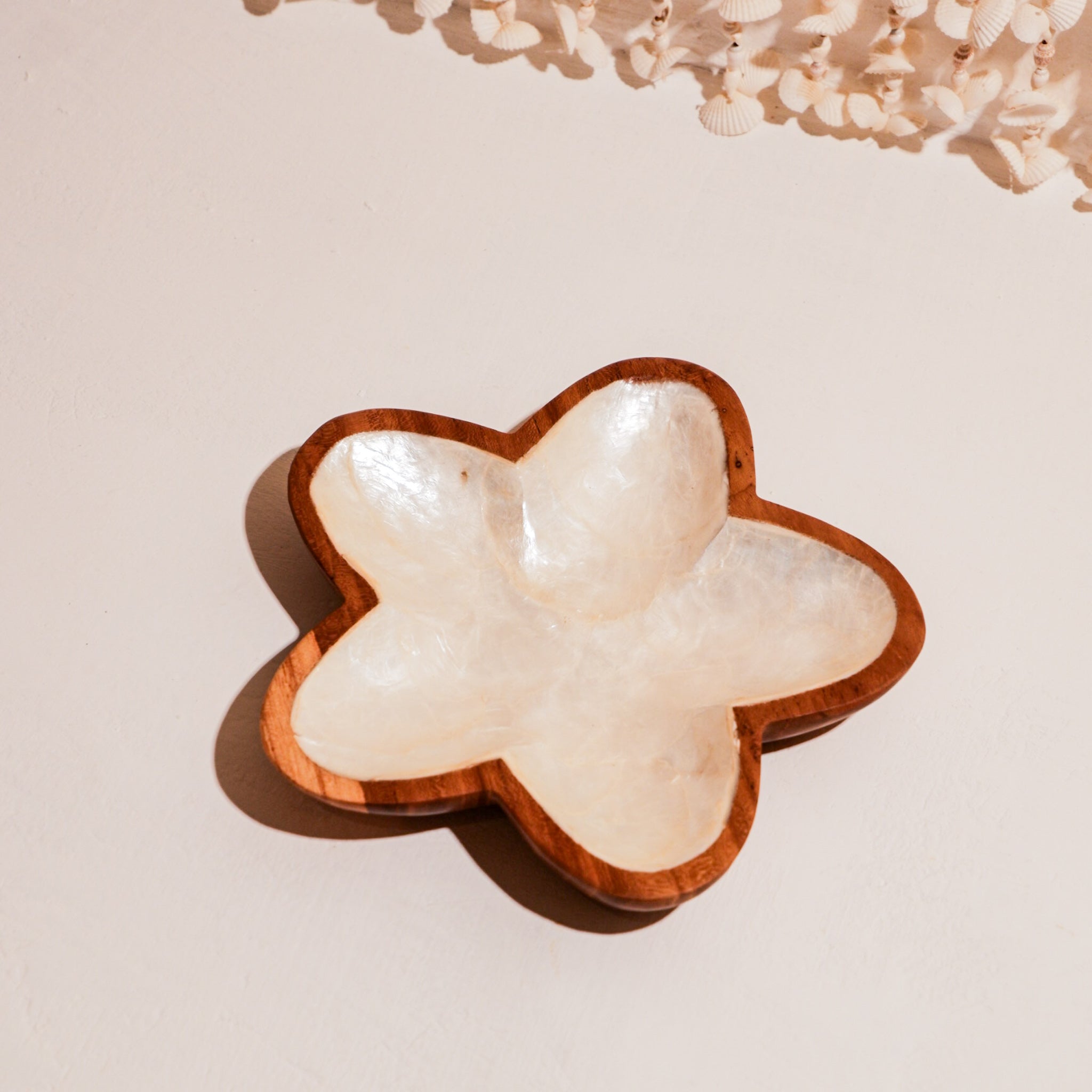 Star tray wooden teak wood coating with the shells