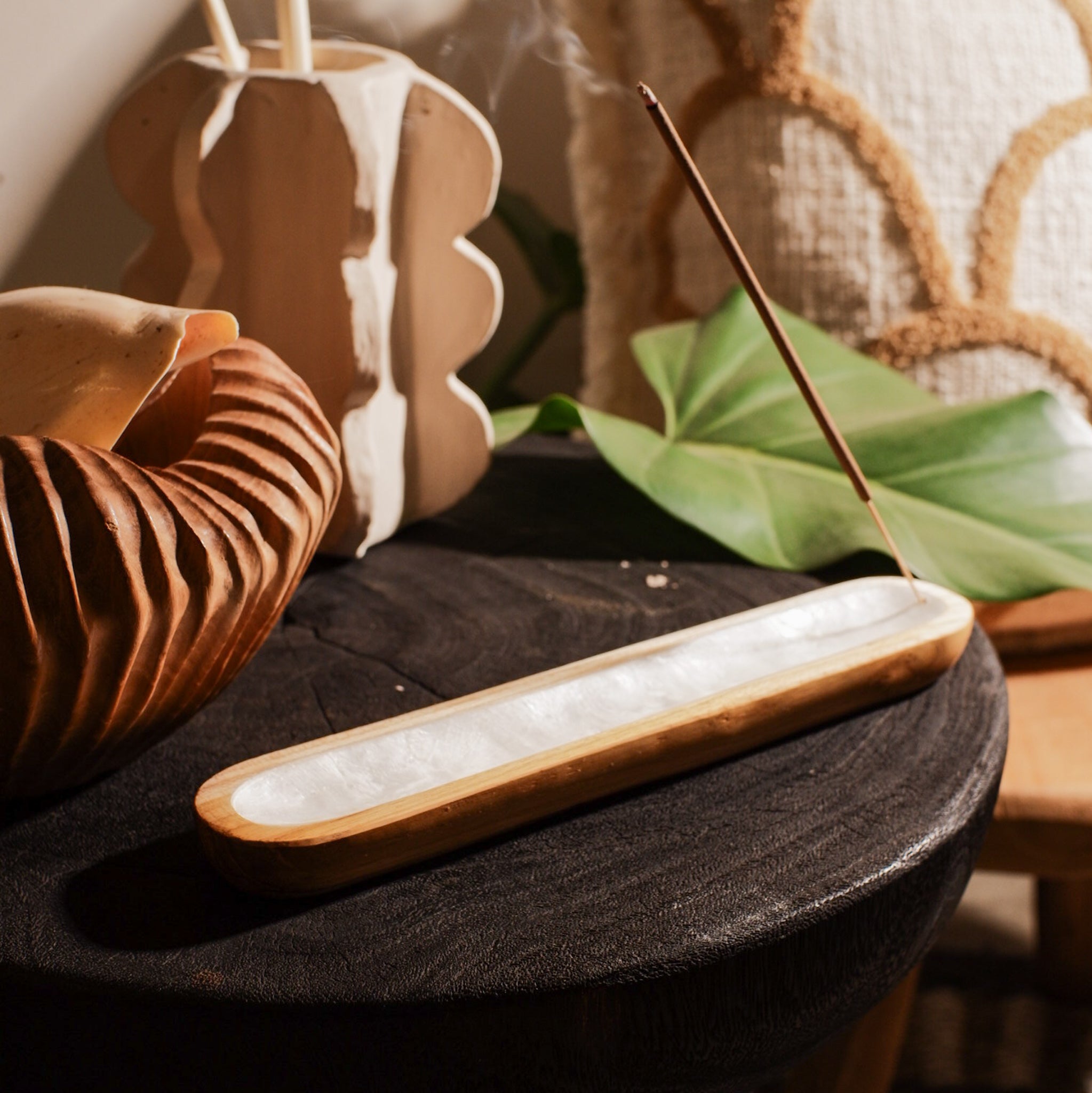 Wooden Rounded Incense Holder with Shells