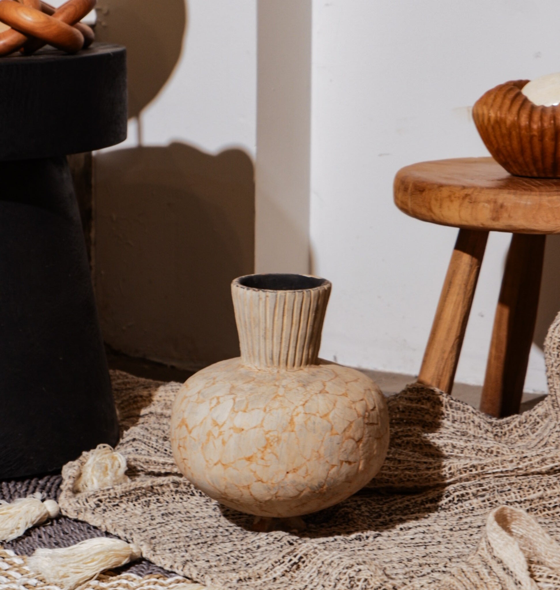 Rustic Pottery Vase Round Shaped with Cracked Finish Bintari