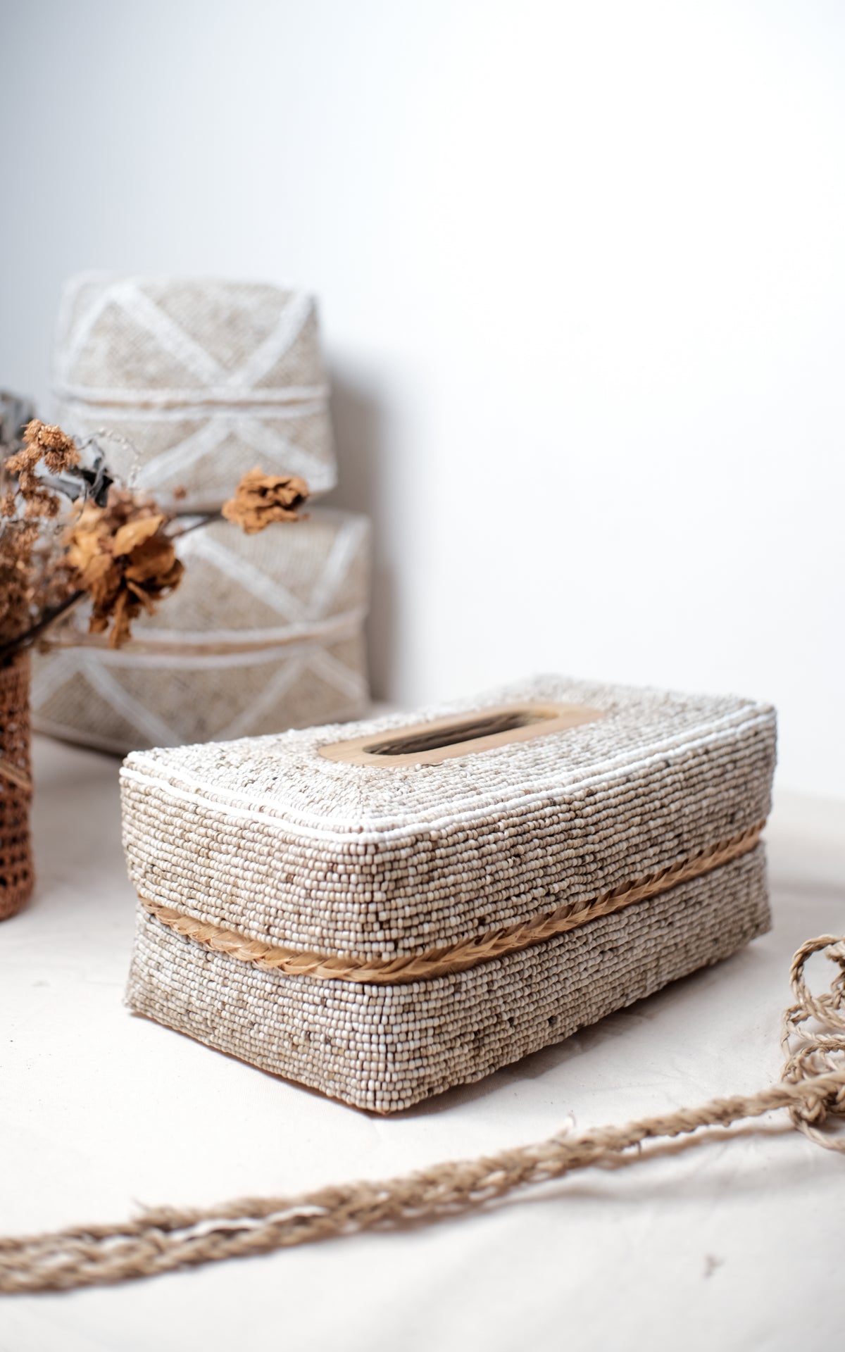 Square Bamboo Tissue Holders with Handmade Beaded