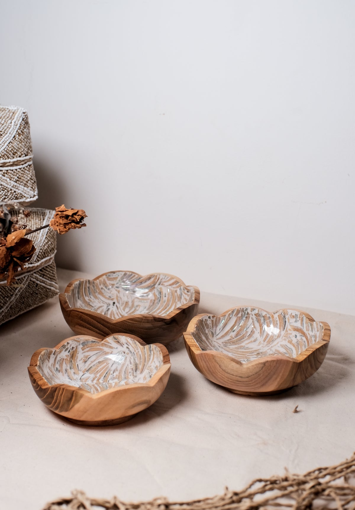 Beige Wooden Teak Flower Bowl With Sea Shells inlay