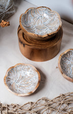 Beige Wooden Teak Flower Bowl With Sea Shells inlay