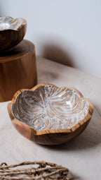 Beige Wooden Teak Flower Bowl With Sea Shells inlay