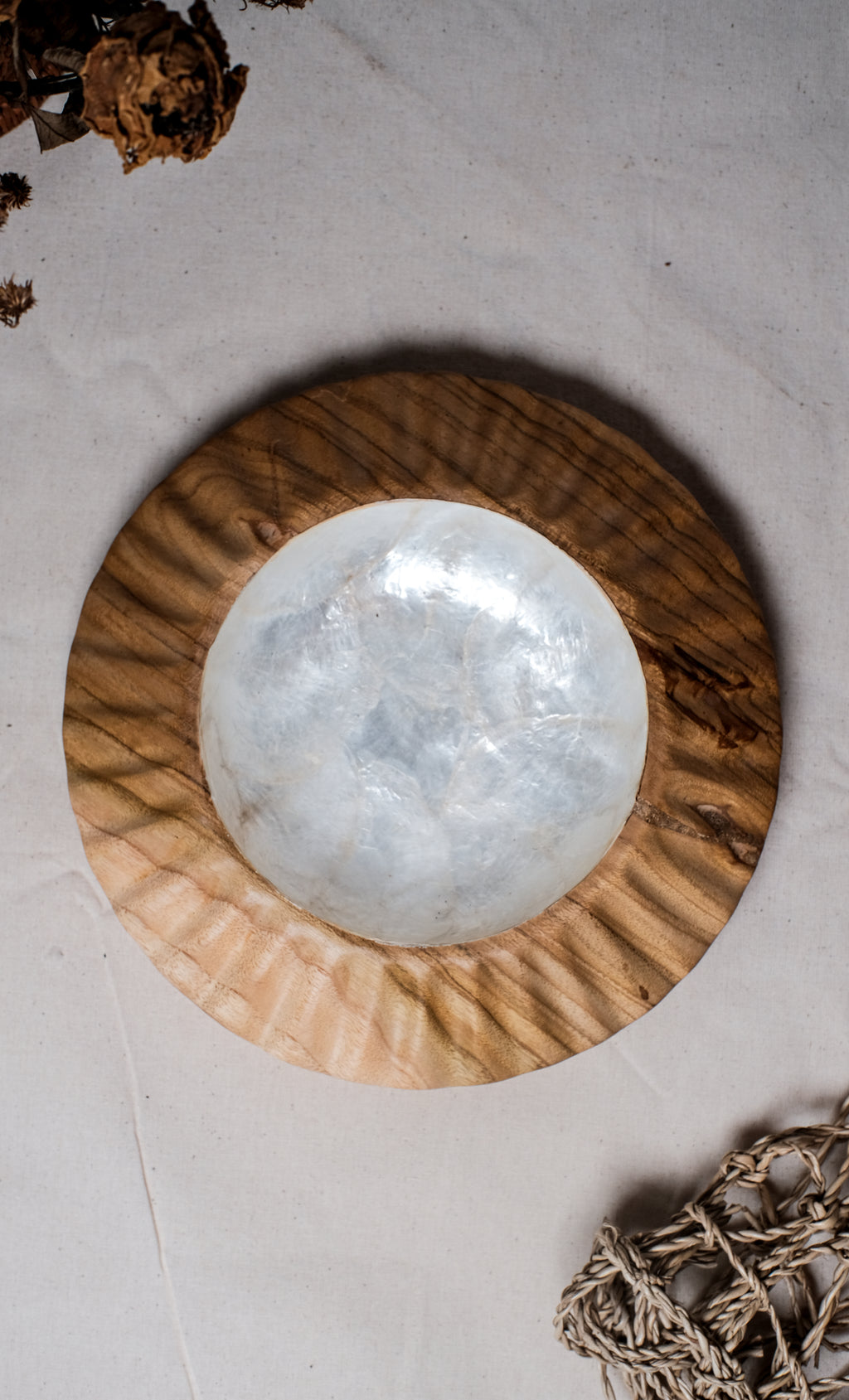 Sea Urchin Teak Wooden Plate with Sea Shells Inlay