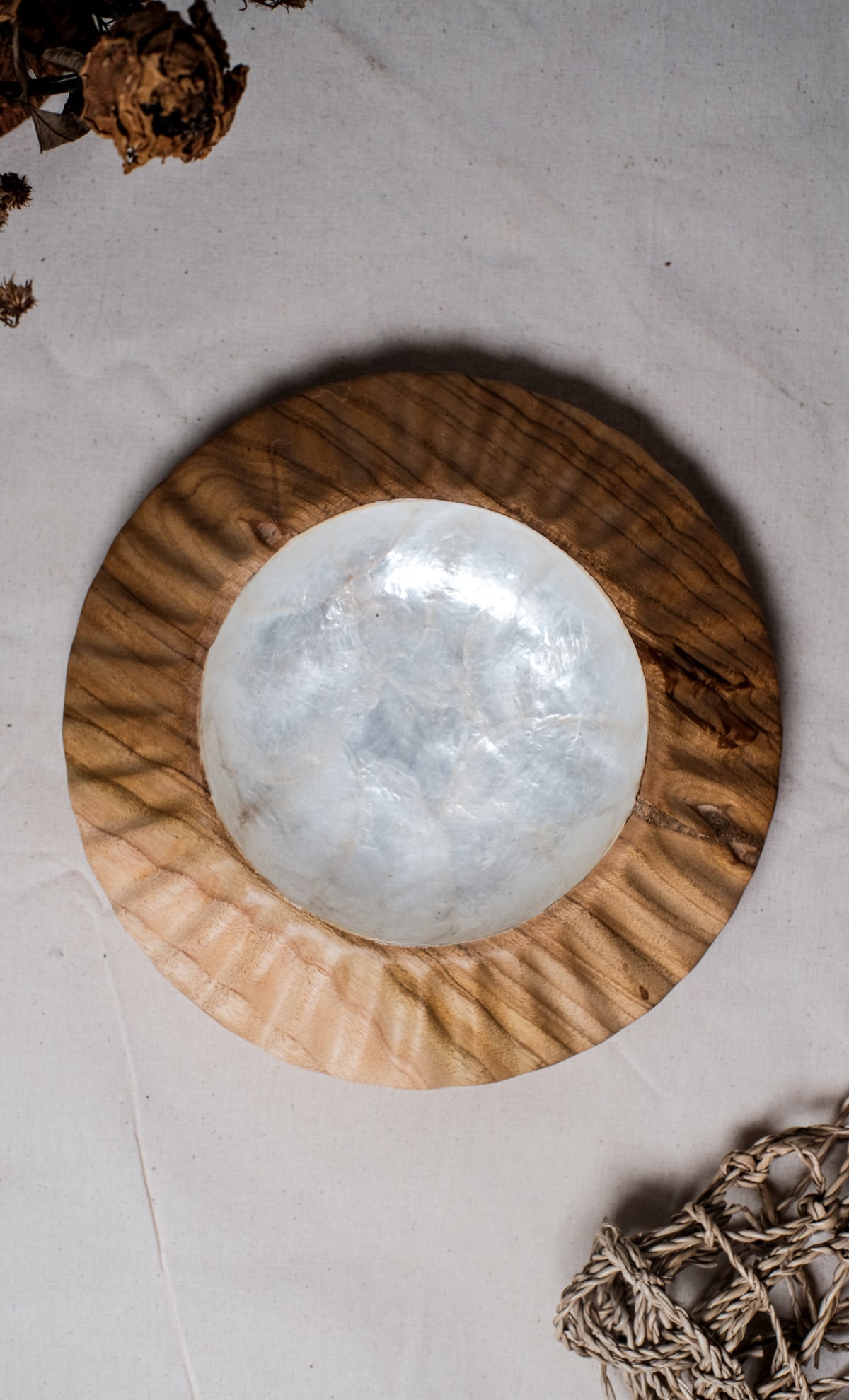 Sea Urchin Teak Wooden Plate with Sea Shells Inlay