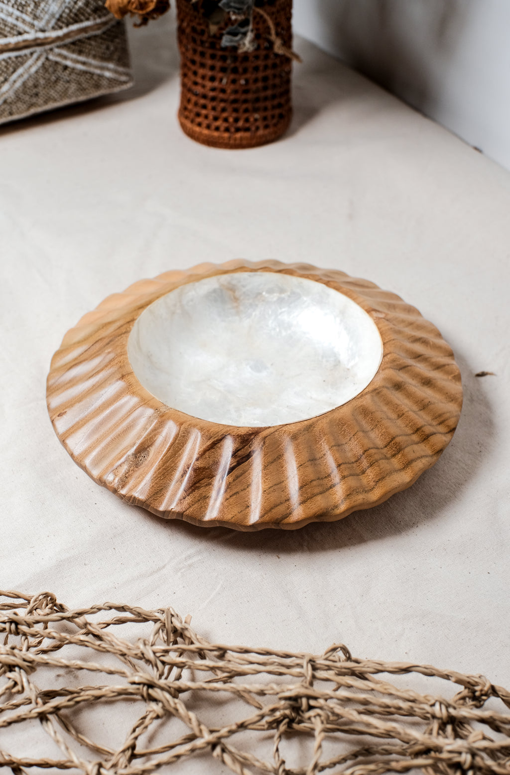 Sea Urchin Teak Wooden Plate with Sea Shells Inlay