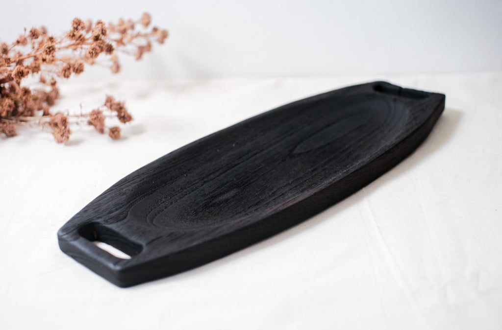 Oval Wooden Teak Tray - Yakisagi Finish