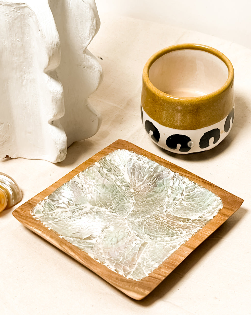 Wooden Teak Square Plate with Sea Shells