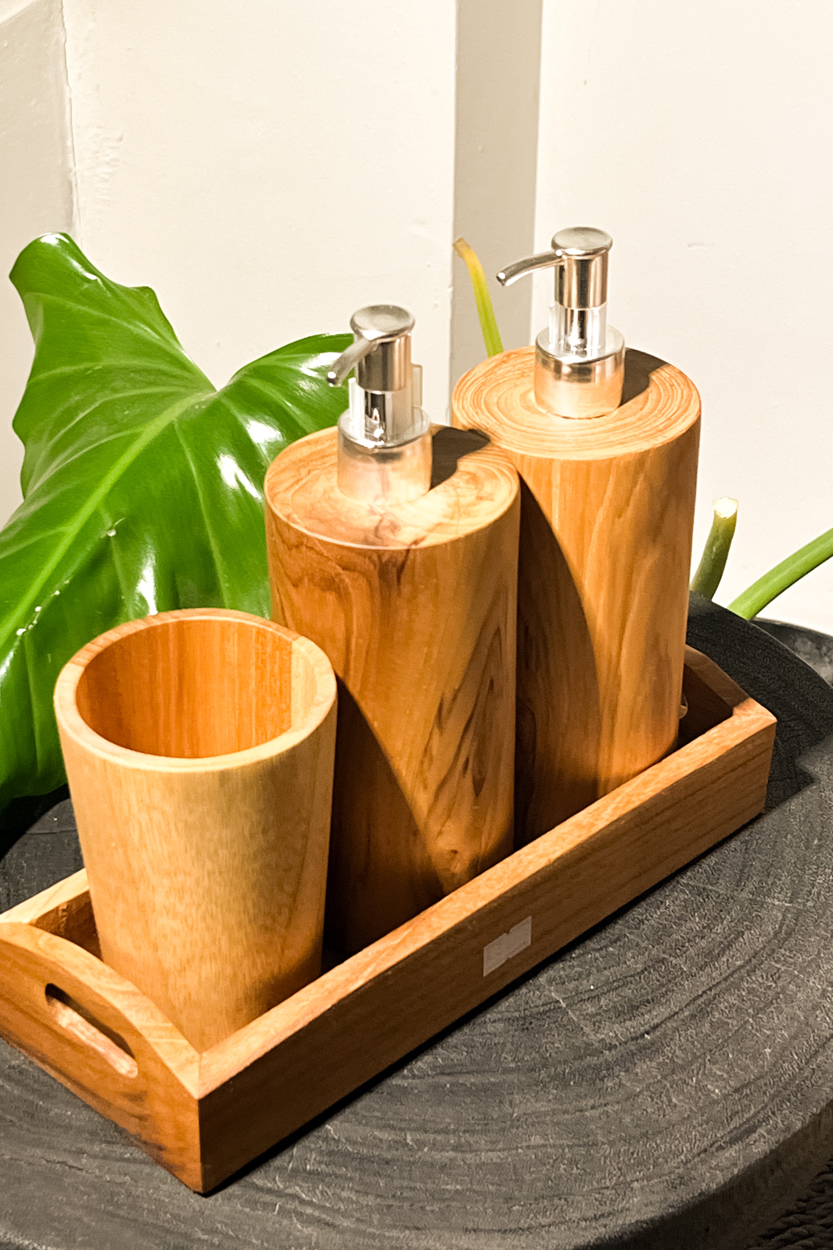 Wooden Teak Soap Dispenser Holder Set