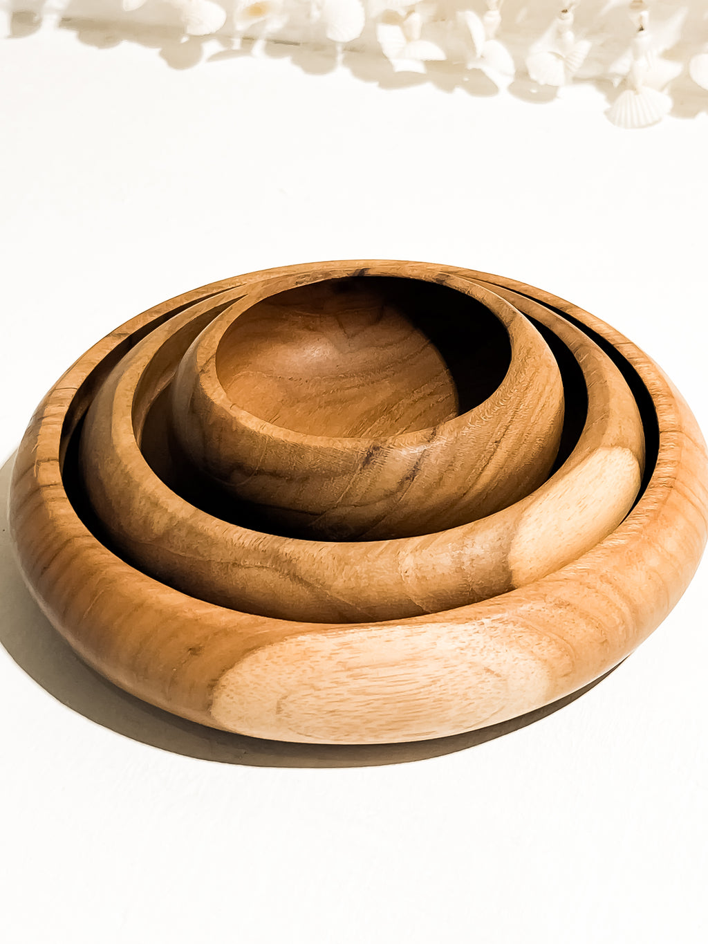 Teak Wood Round Bowl Set of 3 - Handcrafted Wooden Serving Bowls by Nanban