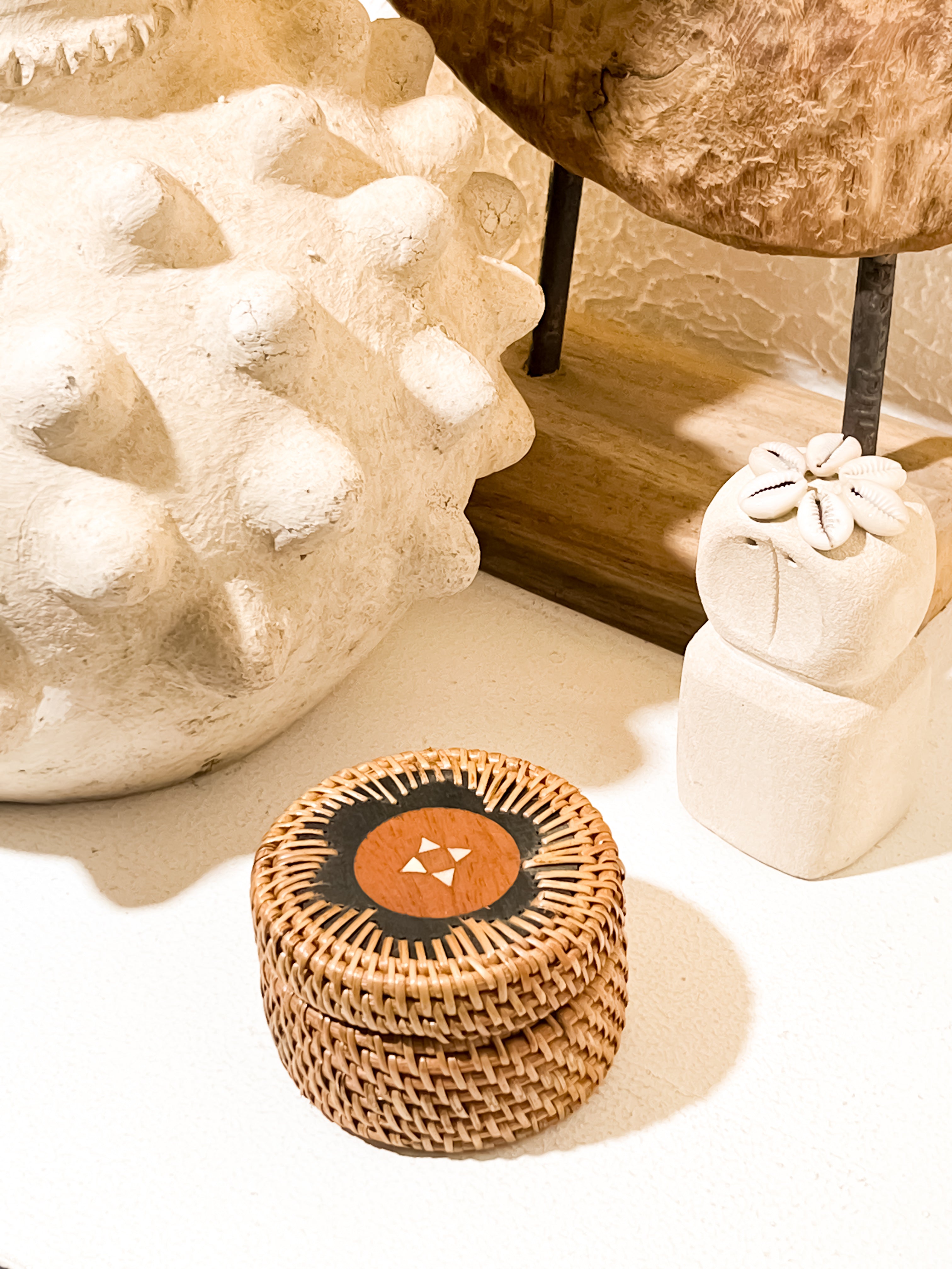 Rattan Round Jewelry Box with Sea Shells Accent