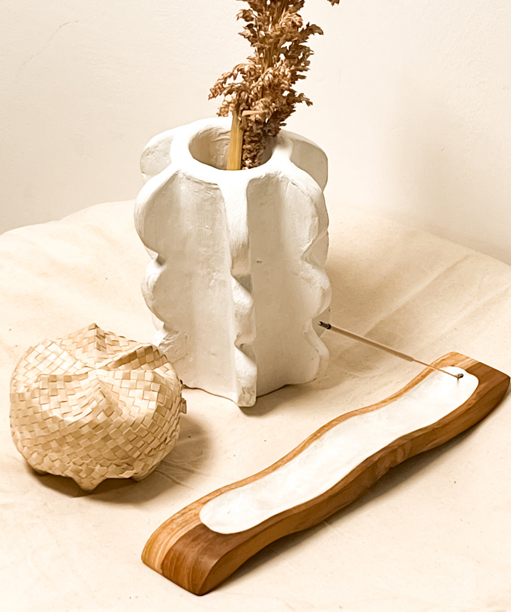 Wavy Wooden Teak Incense Holder with inlay Sea Shells
