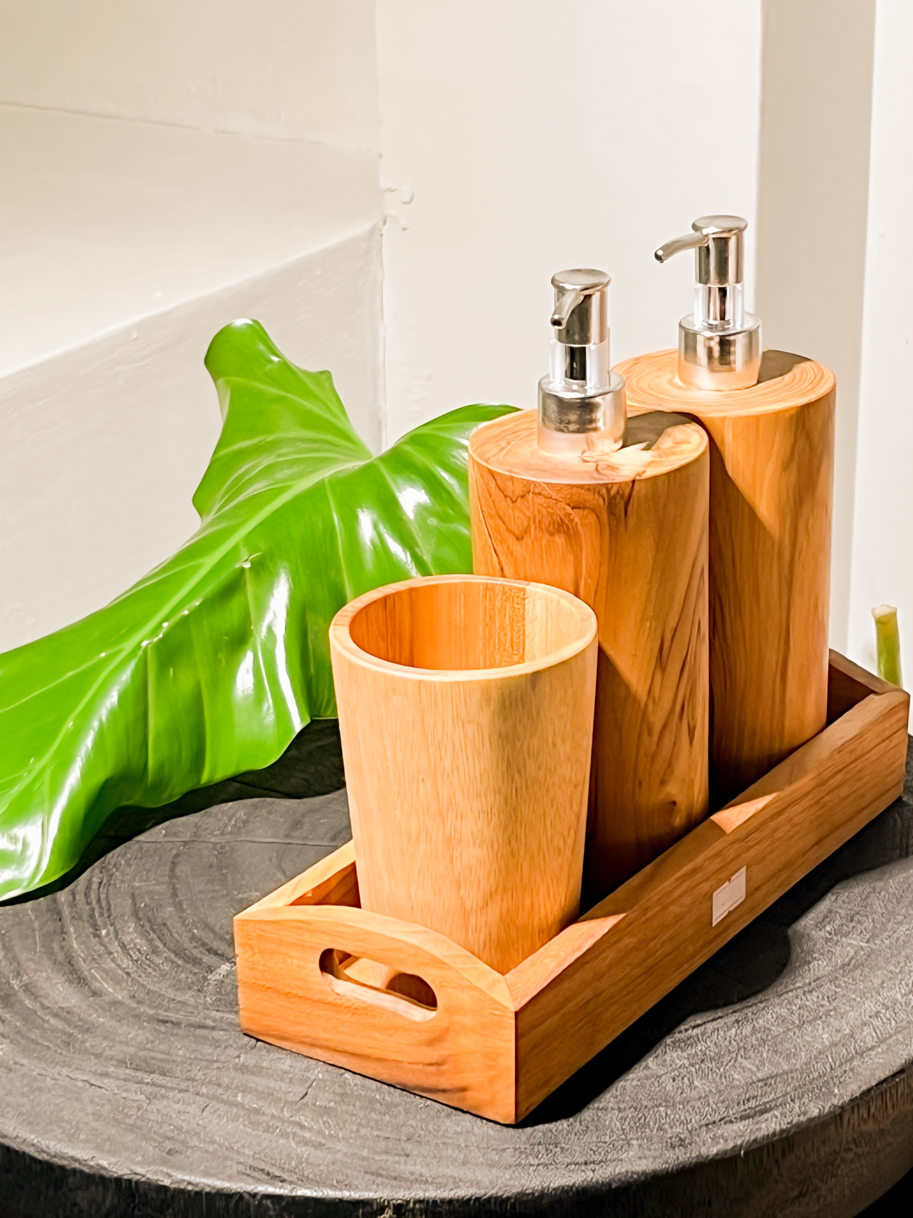 Wooden Teak Soap Dispenser Holder Set