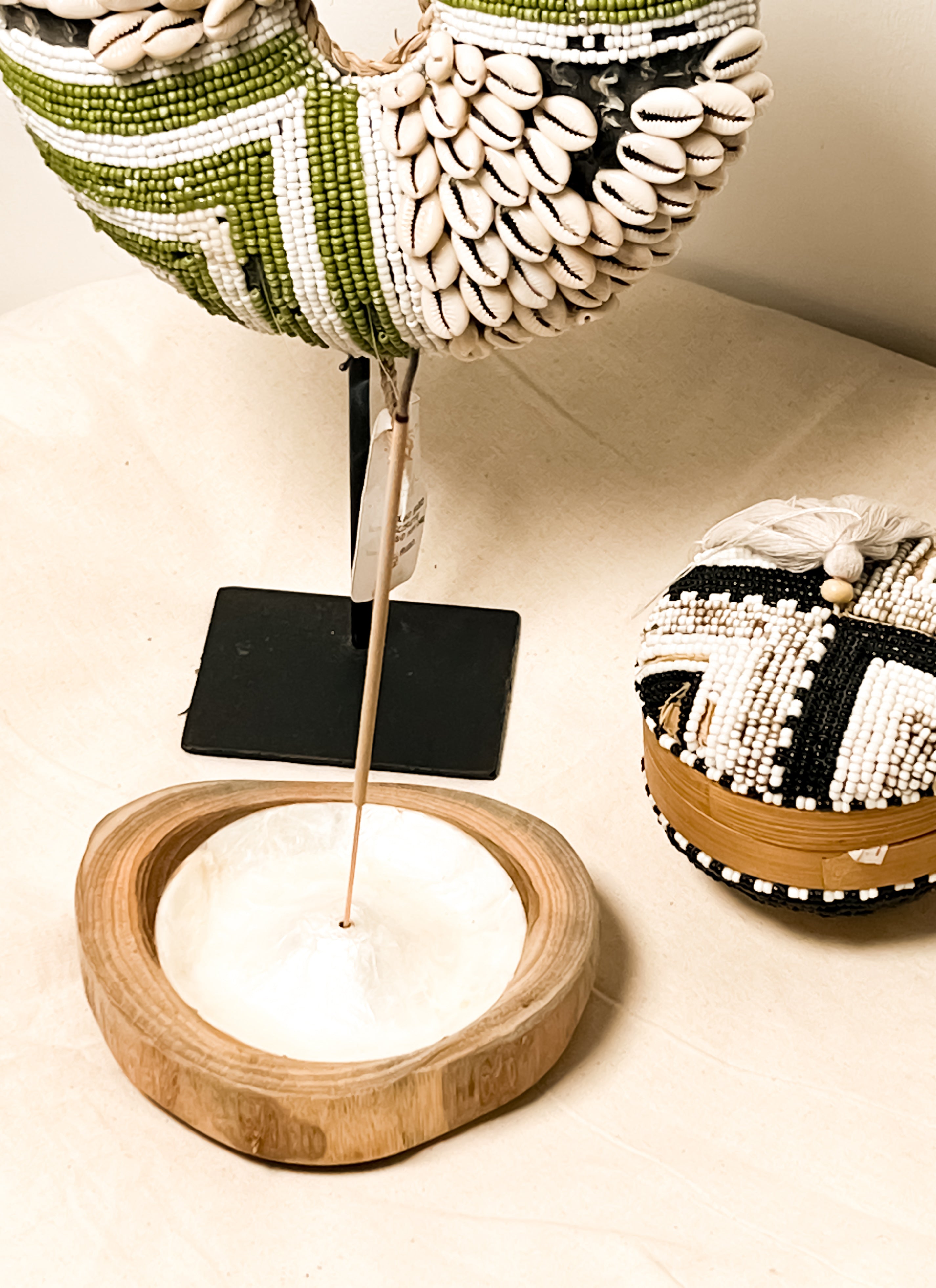 Natural Wooden Teak Incense  Holder with Sea Shells