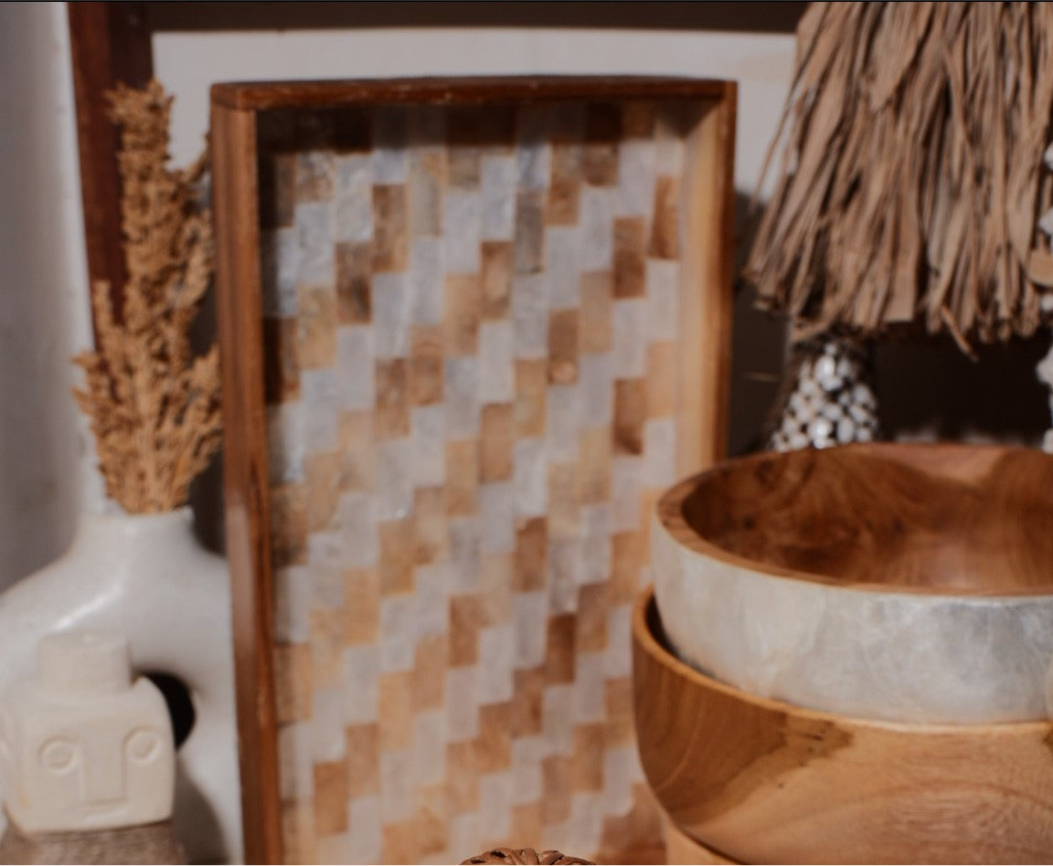 Wooden Square Tray With Shells