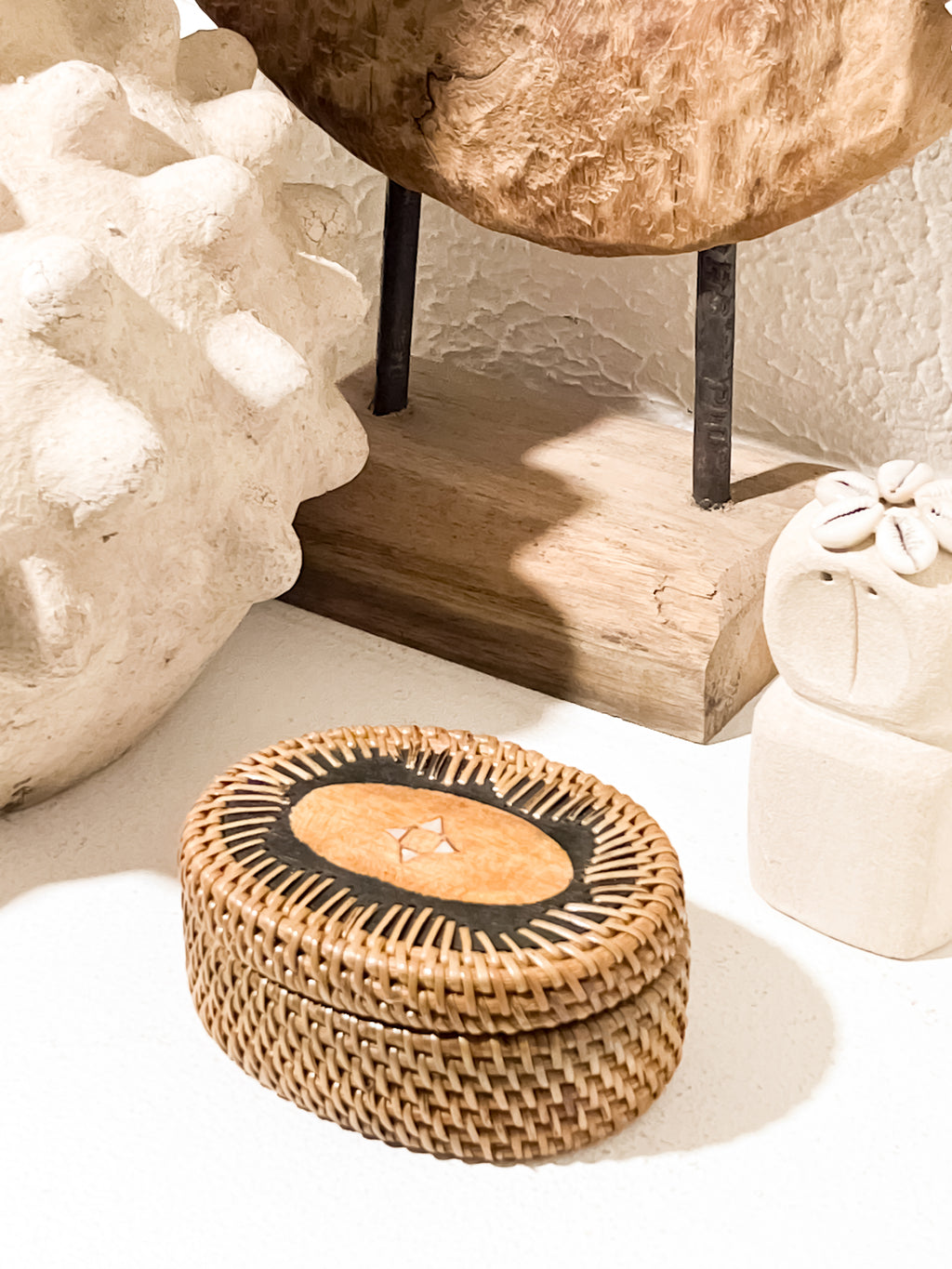 Oval Rattan Jewelry Box with Sea Shells Accent