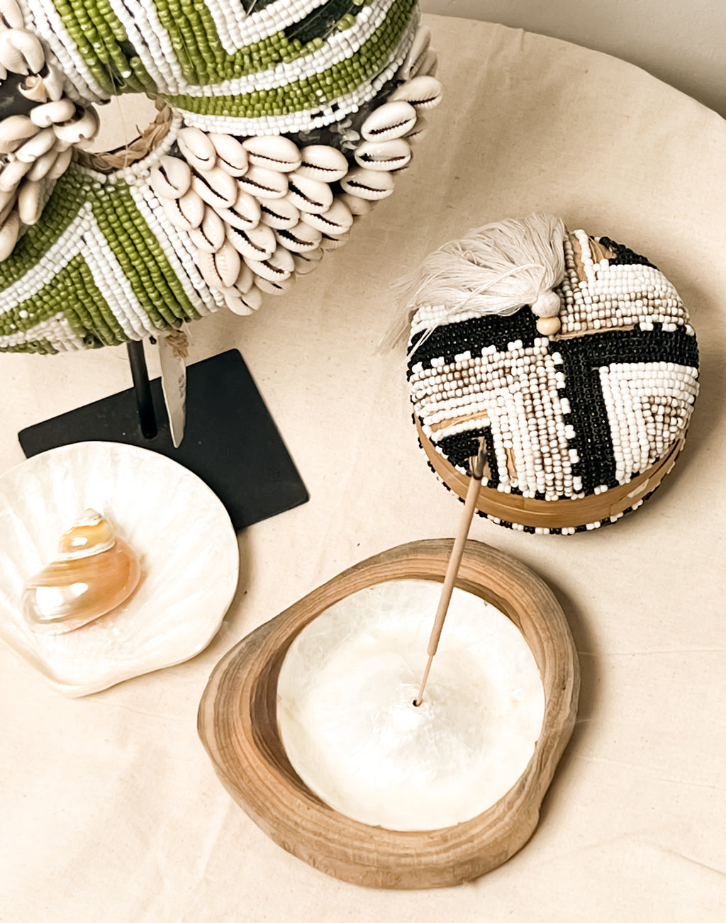 Natural Wooden Teak Incense  Holder with Sea Shells