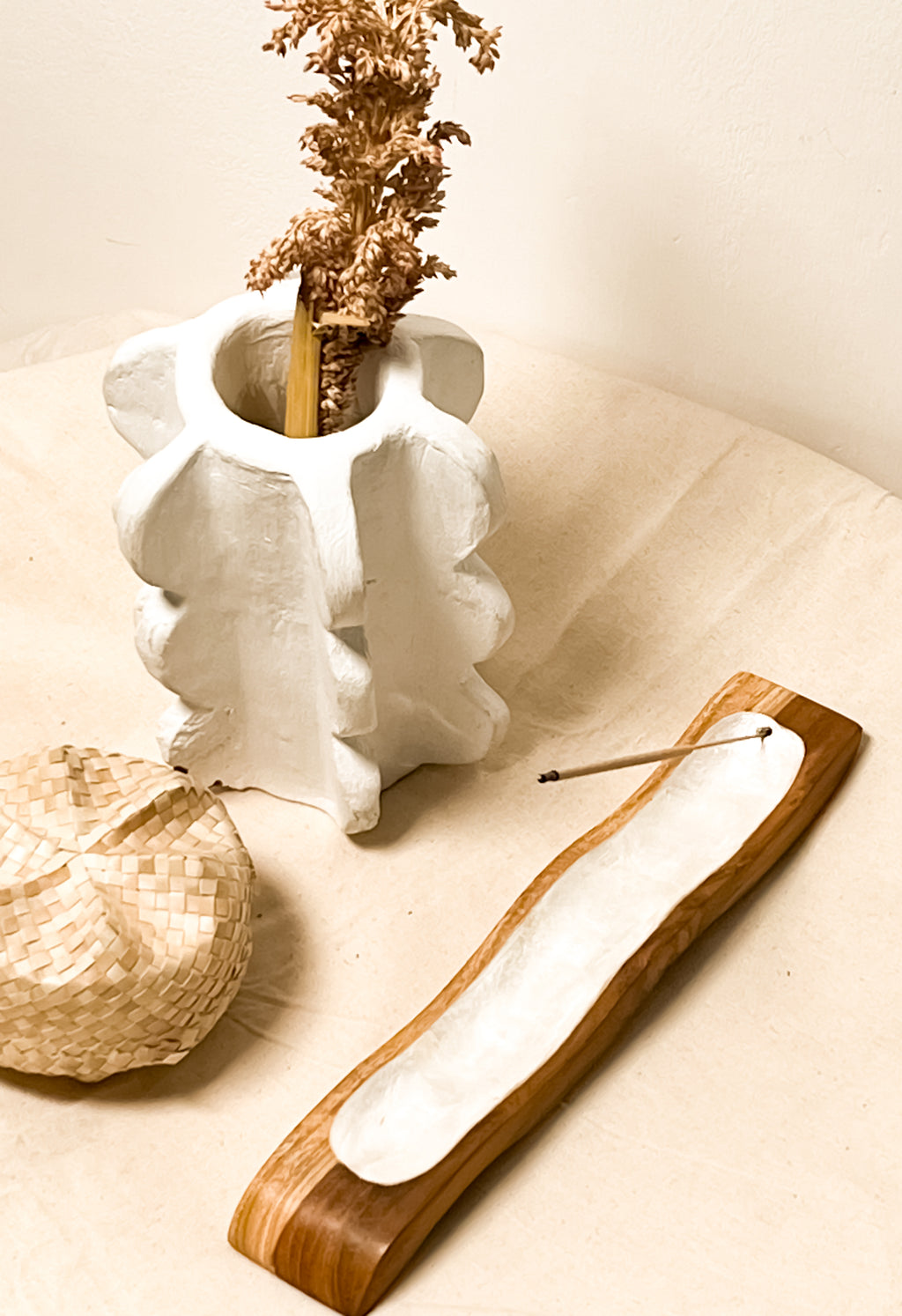 Wavy Wooden Teak Incense Holder with inlay Sea Shells
