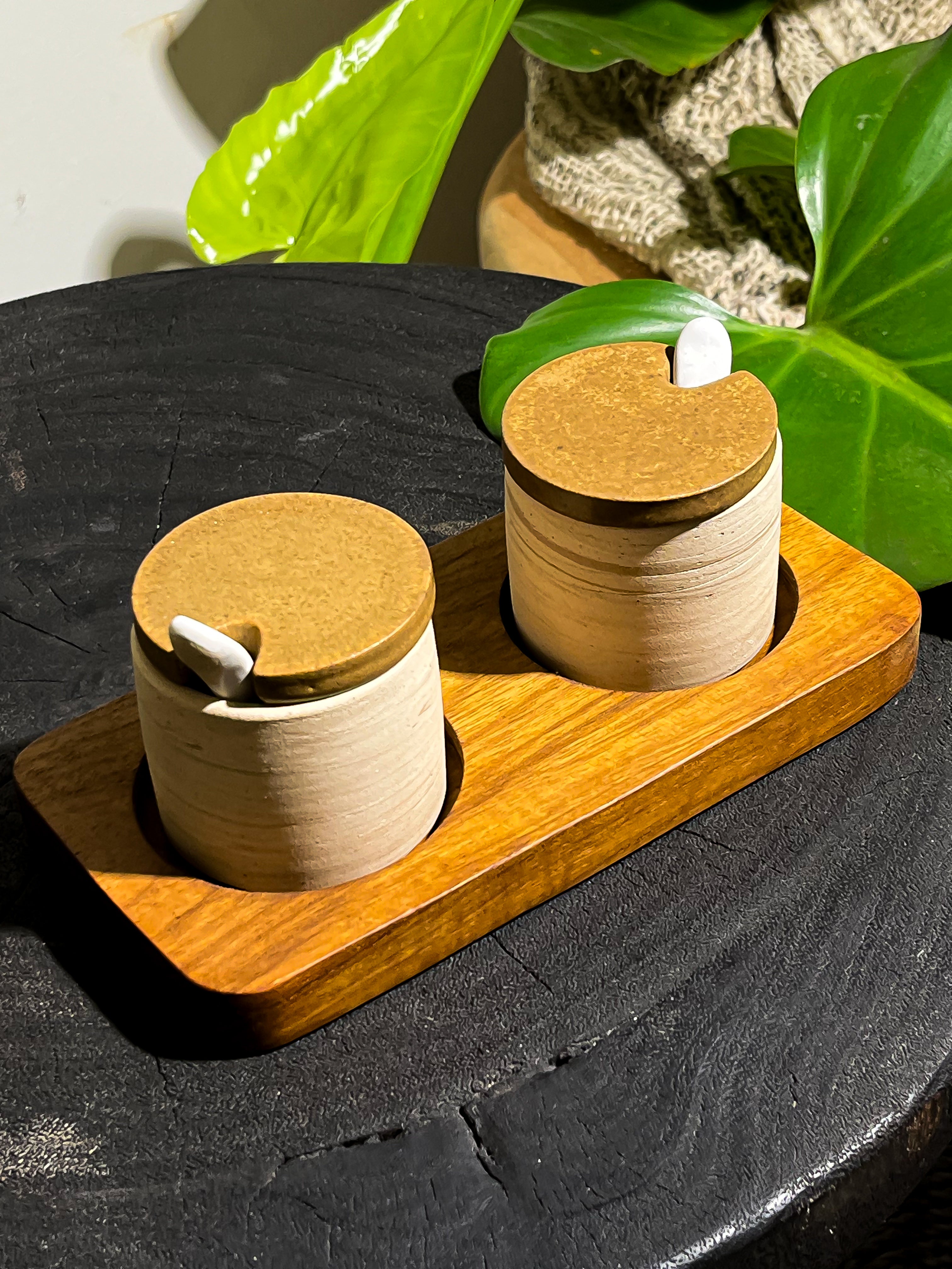 Ceramic Salt & Paper Holder With Wooden Tray