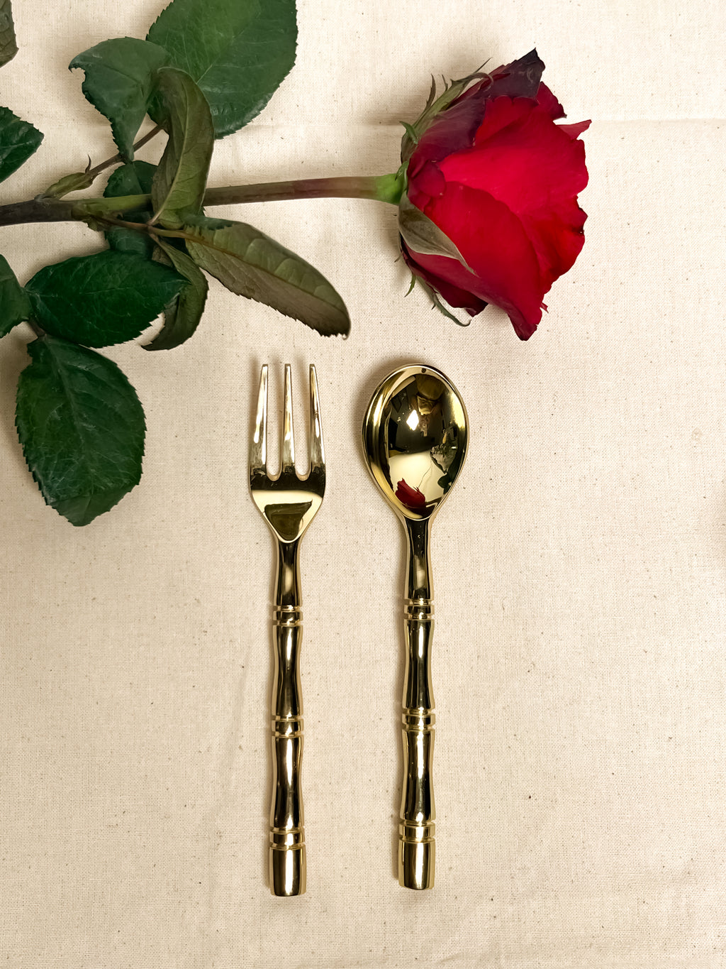 Brass Desert Spoon & Fork Bamboo Style